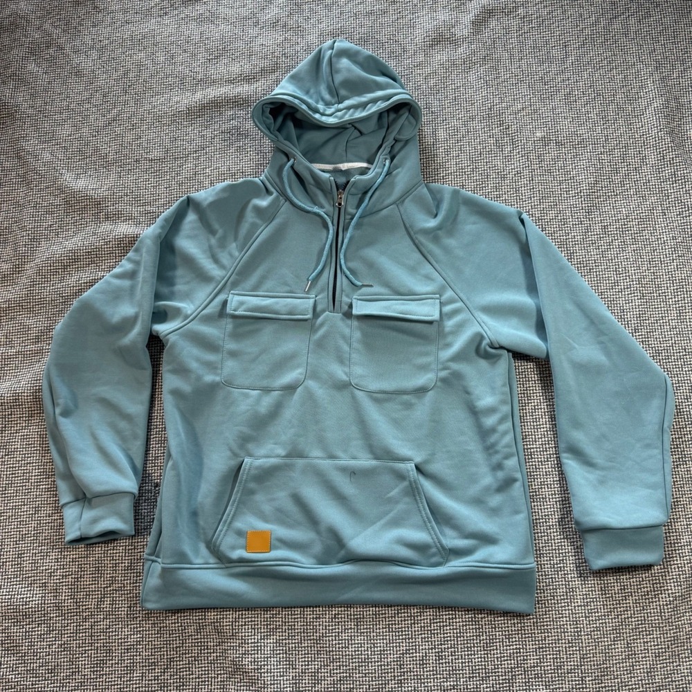 Womens Teal Blue Quarter Zip Utility Hoodie Sweatshirt 2XL Raglan Sleeve Pocket